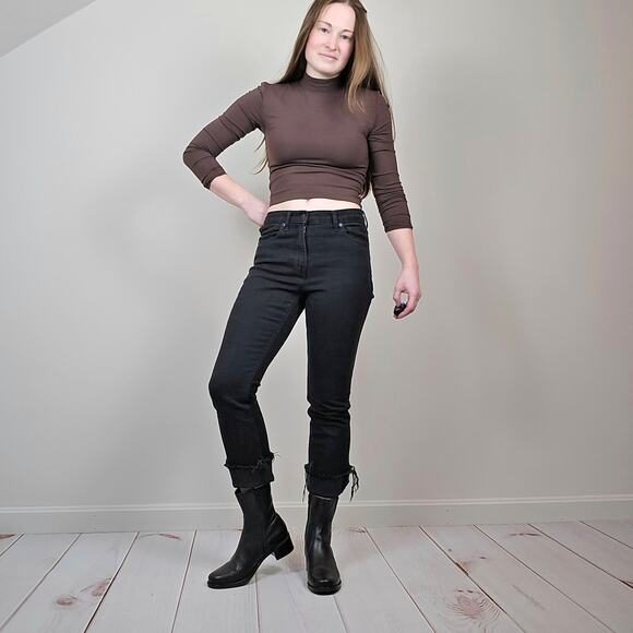 Vintage Y2K Black Leather Biker Chelsea Heeled Calf High Ankle Boots Womens 7.5 - Picture 13 of 13